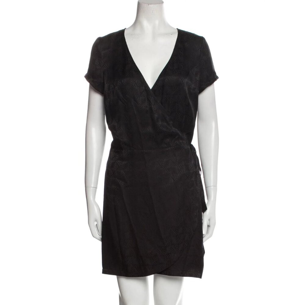 Sézane 'Eve' 100% silk jacquard mini wrap dress, black, 38 -- altered